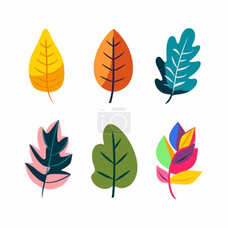 Ilustración de Seis hojas vibrantes vector ilustración aislado fondo blanco. Diferentes formas colores diseño plano follaje elementos naturales. Otoño creativo decorativo hoja colección recurso gráfico - Imagen libre de derechos