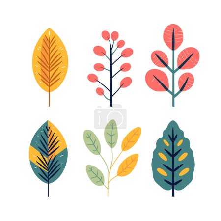 Téléchargez les photos : Set six illustrations colorées de feuilles de feuillage de conception plate. Diverses feuilles élégantes couleurs vives graphiques botaniques modernes idéales. Eléments végétaux à la mode dessins écoliés à la nature - en image libre de droit