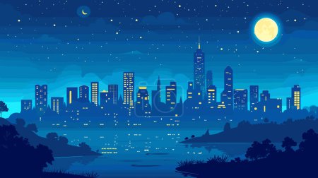 Nighttime cityscape illustration skyline buildings stars glowing nocturnal scene nature foreground water reflections. Urban skyline night vector graphic stars twinkling serene city