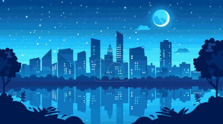 Nacht Stadtbild Illustration spiegelt ruhigen See, Sterne funkeln über Gebäuden. Vollmond heller Sternenhimmel, städtische Skyline spiegelt Wasser wider. Ruhige Nachtszene, Stadtlichter leuchten unter Sternenhimmel