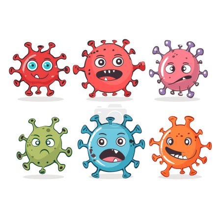 Six cartoon virus characters, unique color expression, representing different viruses. Cartoon viruses showing various emotions, colorful, humorous depiction germs. Set stylized virus illustrations