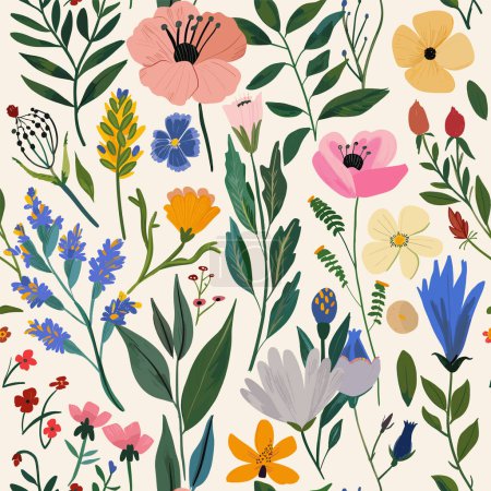 Floral pattern diverse flowers leaves vintage style. Botanical wallpaper garden plants colorful flora. Nature inspired fabric design pastel hues botanical diversity