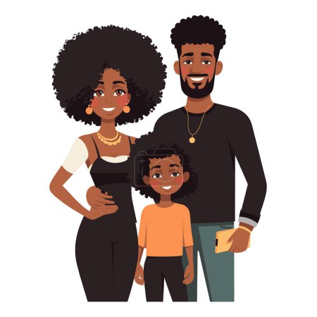 Retrato familiar afroamericano joven, hijos padres sonriendo juntos, ropa casual moderna, felicidad. Madre, padre hijo de pie, expresiones alegres, pelo rizado negro, ilustrado