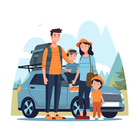 Family road trip, smiling parents children car, mountain backdrop. Cartoon illustration vacation travel, Asian family ready holiday adventure. Happy family, kids wearing hats, standing blue car