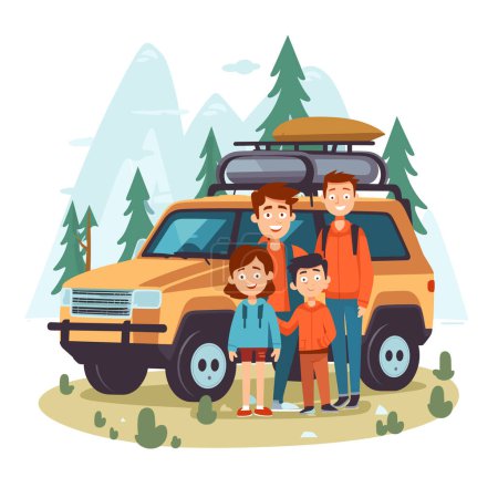 Family road trip mountain landscape, happy cartoon characters, kids adventure. Smiling group, travel SUV, vacation outdoors illustration. Camping, exploring nature, children parents joyous journey