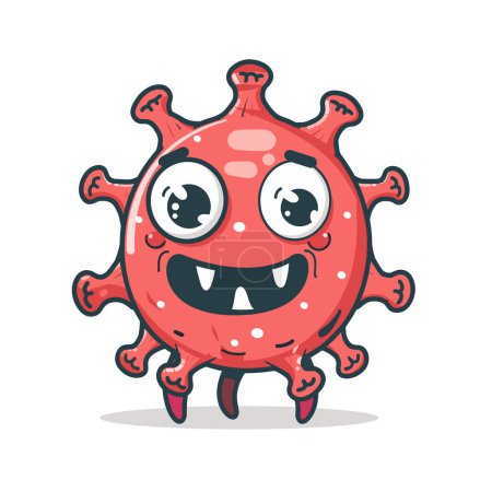 Cute cartoon virus character smiling, red, whimsical germs illustration. Friendly virus mascot kids, educational purposes, playful design. Cartoonstyle big eyes, cheerful expression, health concept