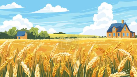 Golden wheat field ready harvest, farmhouse nestled among trees under blue sky. Rural landscape showcasing agriculture wheat cultivation, barns, clear weather. Peaceful farmland scene cereal crops