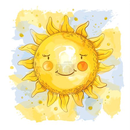 Illustration for Handdrawn illustration smiling sun character, yellow orange hues dominate. Artistic interpretation sun featuring cute face, set against splattered watercolor background. Cheerful cartoon style emits - Royalty Free Image