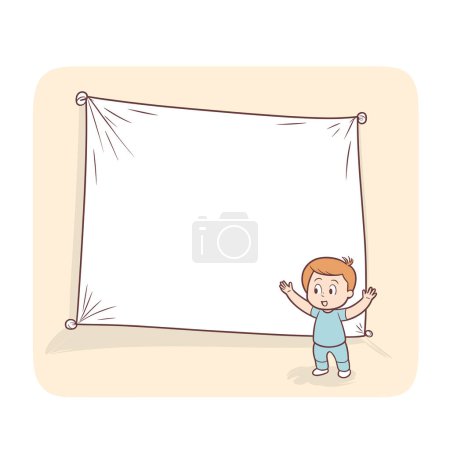 Young boy presenting large blank banner ready text advertisement, happy child smiling beside spacious signboard. Cartoon illustration kid standing next empty billboard messaging space, excited youth