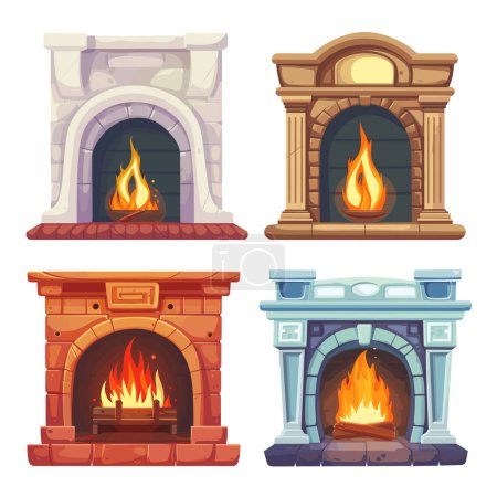 Cuatro diseños de chimenea de estilo de dibujos animados con llamas, manteles de colores, acogedores hogares. Chimeneas vibrantes ilustradas, que van de piedra clásica elegantes diseños de madera, fuego animado. Confortante hogar