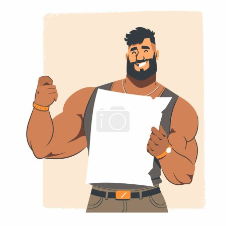 Ilustración de Hombre de dibujos animados musculoso fuerte sosteniendo el signo en blanco. Sonriente personaje masculino barba pantalla hoja de papel. Bodybuilder vacío cartel texto listo diseño - Imagen libre de derechos