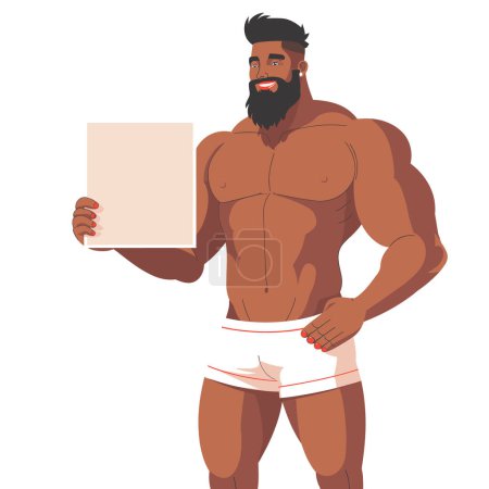 Ilustración de Hombre musculoso presentando papel en blanco, afro-americano, sonriente tarjeta modelo fitness. Culturista sosteniendo cartel vacío, póster publicitario, concepto de anuncio de gimnasio. Atleta seguro mostrando blanco - Imagen libre de derechos