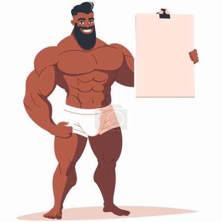 Illustration for Muscular African American bodybuilder holding blank board smiling. Fit male cartoon character showcasing empty poster text. Cheerful muscle man presenting paper sheet, fitness advertisement concept - Royalty Free Image
