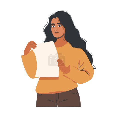 Woman holding blank paper, long black hair, confident expression, yellow top. Female presenting empty sheet, concept advertisement, casual attire. Young lady showcasing document, editable mockup