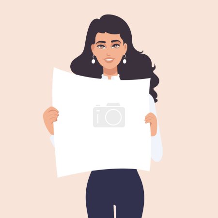 Woman holding blank poster ready input message. Smiling female character presenting empty sign. Ethnic woman casual attire showcasing placard, vector graphic