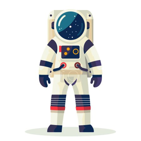 Astronauta de pie vista frontal tema de exploración espacial. Dibujos animados astronauta gráfico aislado fondo blanco. Traje espacial casco reflexión concepto cósmico