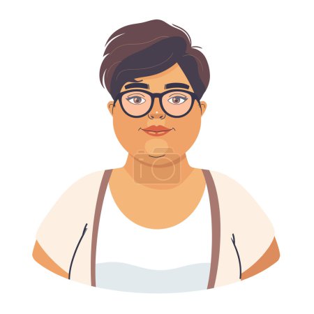 Confident young adult cartoon woman, smiling, wearing glasses, short brown hair. Cartoon illustration female, casual clothing, friendly appearance, confident demeanor. Graphic plus size