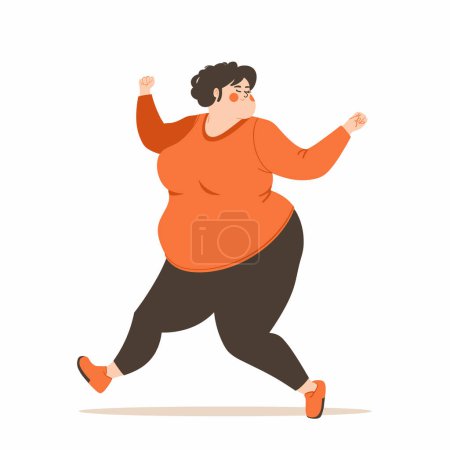 cheerful plussize woman dances energetically, depicted modern flat style vector illustration. Adult female character enjoys life, showing happiness confidence moves. Fullfigured woman casual attire