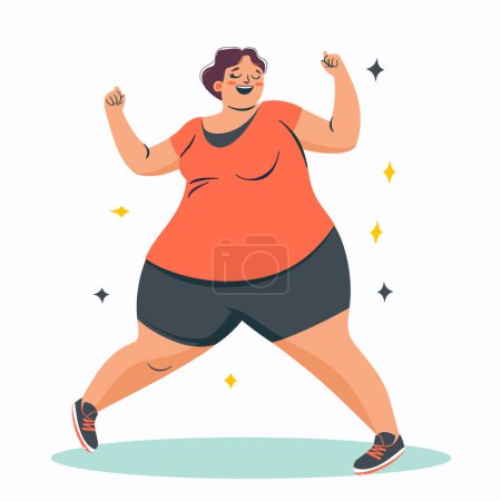 Happy plussize woman dancing, confident joyful female character celebrating. Cheerful curvy lady moves actively, body positivity dancer enjoying moment. Animated smiling adult enjoys dance, healthy