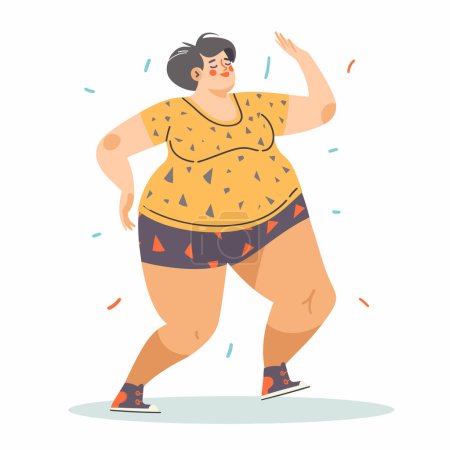 Plus size woman dancing joyfully colorful cartoon style. Female confident happy dancer body positivity, celebrating. Casual clothes active movement cheerful character fun