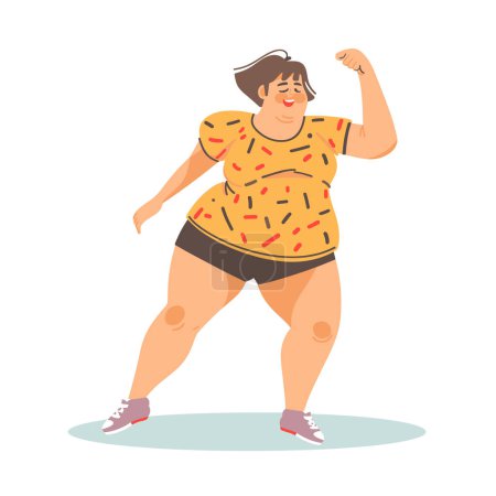 Körperlich positive Frau, die Muskeln spielen lässt, selbstbewusste Plus-Size-Frau, die Stärke zeigt. Kräftige kurvige Dame kurze Haare fühlen sich stark, Empowerment-Thema. Cartoon-Figur in Sportbekleidung, isoliert