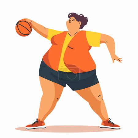 Plussize female basketball player dribbling ball, sporty outfit, active pose. Curvy woman engaging sports, promoting body positivity diversity athletics. Cartoon style, isolated white background