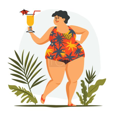 Plus-Size-Frau genießt tropischen Urlaub, hält Cocktail in der Hand, trägt bunten Badeanzug, umgeben von Laub. Fröhlich kurvige weibliche Sommerurlaub, selbstbewusst, feiert Körper Positivität, tropisch