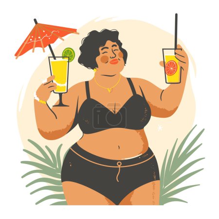Plus size woman enjoying tropical drinks beach vacation. Happy curvy lady holding cocktail lemonade summer holiday illustration. Cartoon character swimsuit relaxing tropical paradise