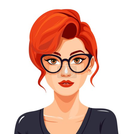 Redheaded woman wearing blackframed glasses. Young female, red hair, stylish glasses, confident expression, illustration. Portrait professional woman, elegant, modern hairstyle, vector graphic