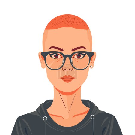 Illustration for Young bald woman wearing glasses, serious expression, portrait illustration. Female character hazel eyes, stylized facial features, peach skin tone. Fashionable eyewear, minimalist style, cancer - Royalty Free Image