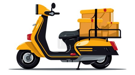 Scooter de entrega amarilla con paquetes listos para despachar. Vehículo de entrega asegura paquetes de transporte rápido, mercancías. estilo de dibujos animados moto cargado cajas marrones, servicio de mensajería express