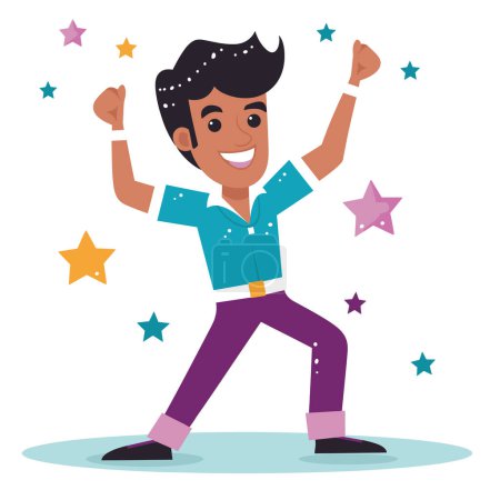 Young male character exudes happiness, performing cheerful dance among stars. Animated dancer enjoys, celebrating success momentous occasion. Party atmosphere, cartoon illustration captures joyous