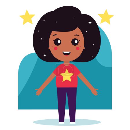 Young African American girl cartoon character standing stars around cheerful kid smiling happy. Cute child wearing red star shirt purple pants cosmic space theme night sky. Flat design joyful youth
