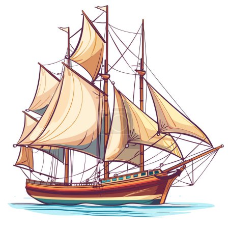 Detailed sailing ship illustration, vintage style galleon water. Sails fully deployed, brown hull, traditional oldfashioned threemasted vessel. Nautical theme, exploration, ocean adventure
