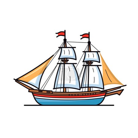 Sailing ship illustration, cartoon style drawing. Oldfashioned sailboat, masts white sails, red flags. Nautical vessel isolated white background