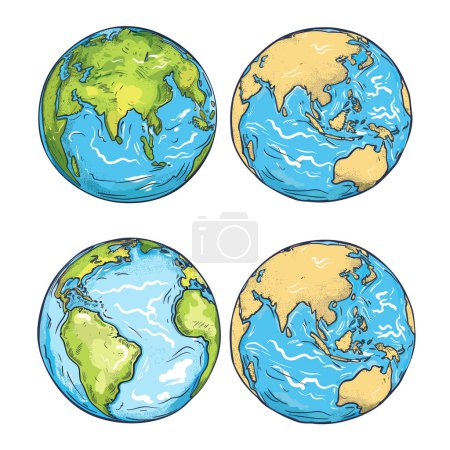 Four globes showing continents different angles. Handdrawn style globes vibrant colors, blue oceans, green, brown land. Artistic world map, geography educational material, colorful Earth