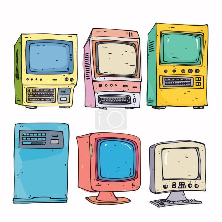 Retro-Computer überwachen den Zeichentrickstil der 1980er Jahre. Farbige Vintage-PCs altmodische Bildschirme. Handgezeichnete Computertechnologie-Nostalgie, Pastelltöne, skizzenhafte Umrisse