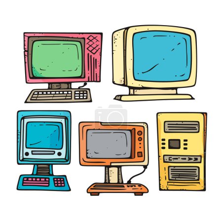 Retro computer monitors desktops handdrawn illustration. Colorful vintage computing equipment, technology nostalgia. Cartoonstyle old personal computers keyboards, vector art isolated
