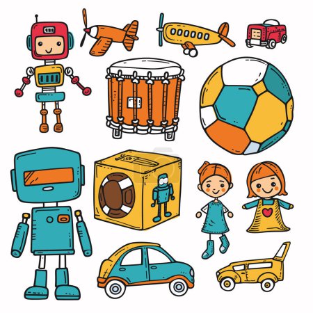 Collection colorful cartoon drawings featuring robots, vehicles, drum, soccer ball, two girls. Brightly colored vector toys characters perfect childrens book illustrations