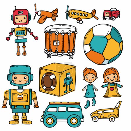 Illustration for Colorful collection doodle toys play items, featuring robots, vehicles, musical instrument, soccer ball, cube astronaut, boy, girl dolls. Handdrawn style playful graphics childrenrelated themes - Royalty Free Image