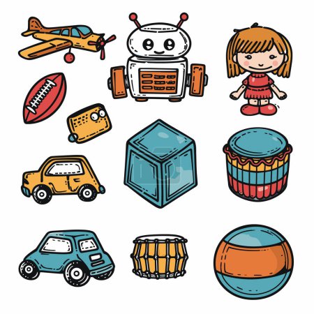 Colorful cartoon collection various toys objects. Childs playthings include airplane, robot, doll, football, cheese, dice, drum, cars, ball. Drawn whimsical, playful style suitable childrens themes