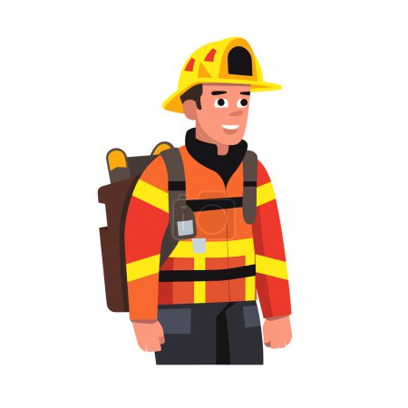 Bombero de dibujos animados listo para respuesta de emergencia, uniforme de seguridad de bombero. Carácter de bombero masculino confiado que usa equipo protector, casco, sonriendo valientemente. Profesional bombero vector de dibujos animados