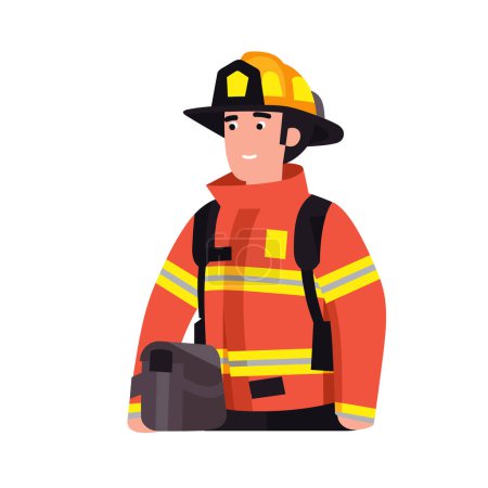 Male firefighter cartoon character standing isolated white background, wearing professional red uniform helmet protective gear. Confident smiling fireman vector illustration, emergency service
