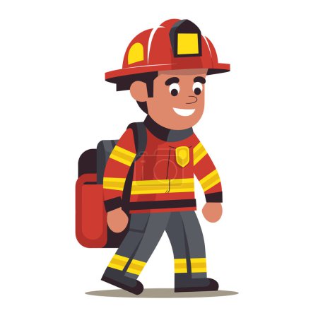 Hombre bombero personaje de dibujos animados sonriendo, caminando con confianza con casco rojo, equipo de protección. Equipo de bombero profesional listo para emergencias, fondo blanco aislado. Brigada de bomberos alegre