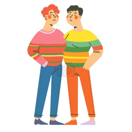 Young couple standing together, smiling male female characters, casual colorful clothing. Happy smiling friends, two people embracing, joyful casual meeting, vibrant colorful attire. Cartoon style
