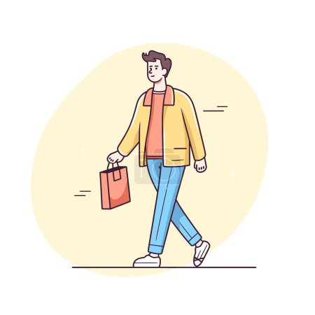 Young man walking casually holding shopping bag, dressed yellow jacket, red shirt, blue jeans, white shoes. Content male shopper strolling purchase, trendy urban fashion style, simple beige