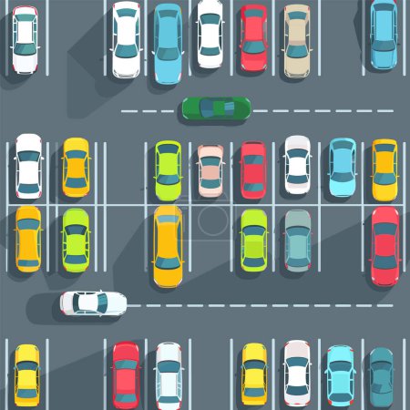 Birdseye view full parking lot colorful cars arranged neatly urban setting. Overhead illustration car park vehicles row orderly fashion city backdrop. Diagonal lines separate vehicle spaces