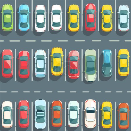 Overhead view colorful parked cars parking lot illustration. Rows vehicles arranged neatly, different colors, birds eye view graphic. Top cars parking area, vibrant colors, organized parking, flat