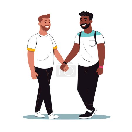 Two men handshake greeting friendship multicultural ethnic diversity. Male characters smiling exchanging handshakes friendly gesture. Casual attire, diverse men showing respect agreement cooperation