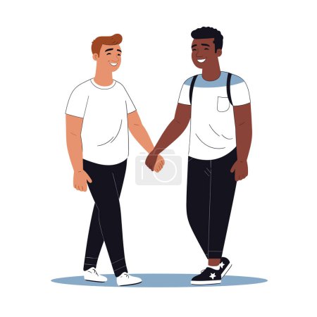 Two men different ethnicities smiling holding hands, showcasing friendship. Both males wearing casual attire, tshirts, pants, one backpack. Diverse friends walking together, happily interacting